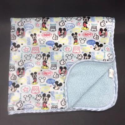 Mickey Mouse Baby Blanket Super Cool Satin Trim Sherpa Blue Disney - Image 1 of 4
