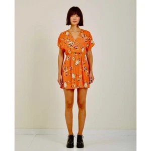 OBEY Pinot Floral Mini Dress Dolman Surplice Coral Pink Orange Boho ~ X-Small - Picture 1 of 13