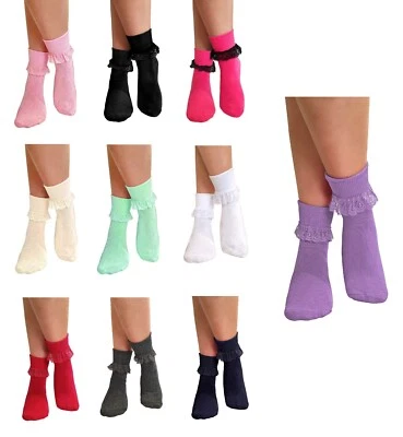 NUJAKE Girls Frilly Ankle Lace Socks Cute Crew Length School Fashion Cotton Size 12-3.5