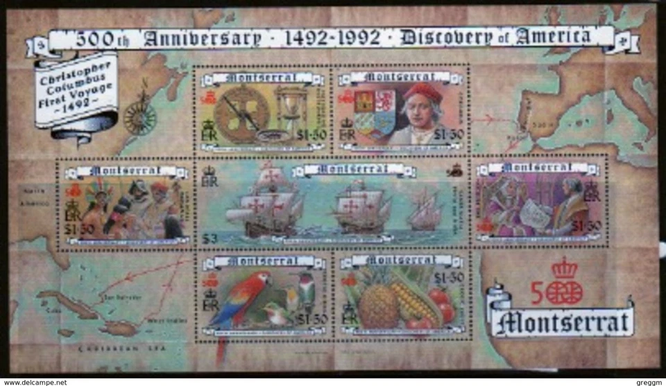 Mini hoja de Montserrat 1992 emitida para celebrar el descubrimiento de América. Foto 1 de 1