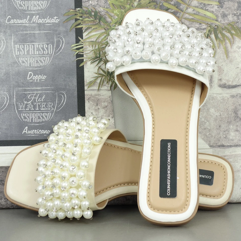 COLIN45FASHION CONNECTIONS flat pearl sliders wedding bridal womens diamante open toe mules sandals slip on