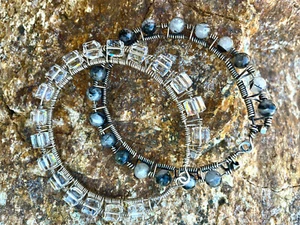 2 Large Sterling DOUBLE Wire Wrap Bangle Crystal & Black Jasper Beads 9.5 Inch - Picture 1 of 6