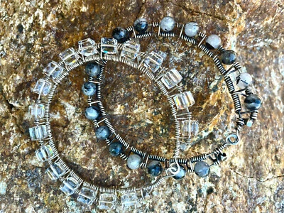 2 Large Sterling DOUBLE Wire Wrap Bangle Crystal & Black Jasper Beads 9.5 Inch - Image 1 of 4