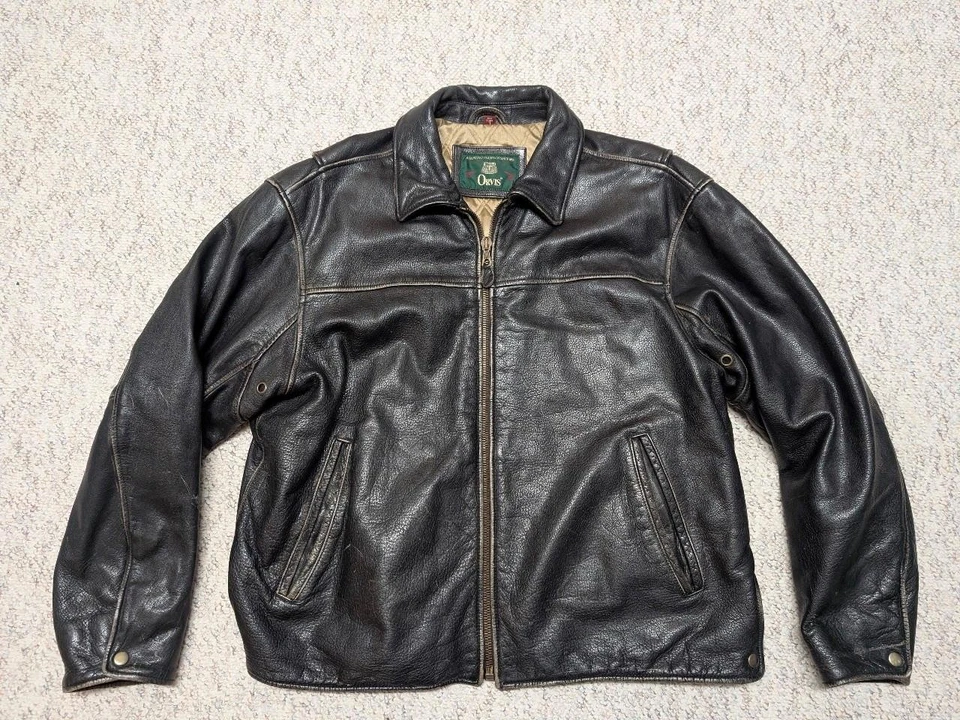 vintage ORVIS leather jacket L dark brown MOTORCYCLE cowhide BIKER bomber - Image 1 of 4