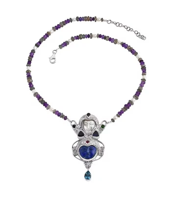 Sajen Lapis Lazuli & MOP Carved Goddesses Multi-Gemstone Beaded Silver Necklace  - Image 1 of 4