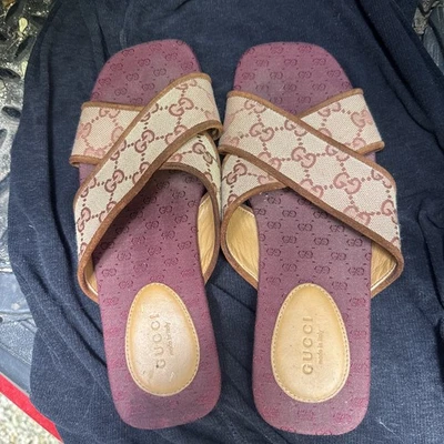 gucci monogram suede womens criss cross slide sandals size 37.5 - Image 1 of 4