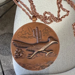 Bell Trading Copper Roadrunner Necklace 1970s Southwestern Pendant + Chain - Picture 1 of 10