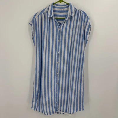 Old Navy Linen Blend Striped Shirt Dress Womens Size L Blue White Casual Lined - Image 1 of 4
