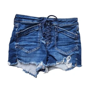 American Eagle Jean Shorts Size 0 Sexy Boho Light Wash Lace Up Shortie Fringed - Picture 1 of 5