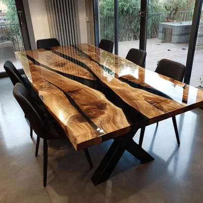 Epoxy Resin Walnut Dining Table – Black River Resin Modern Kitchen or Office Art - Image 1 of 4
