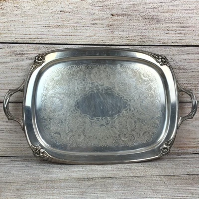 Bandeja para servir narciso 1847 Rogers Bros 9996 alças florais em relevo - Imagem 1 de 4