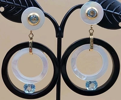 ROSS SIMONS 14k/Mother Of Pearl/Blue Topaz/Open Circle Drop Earrings - Image 1 of 4