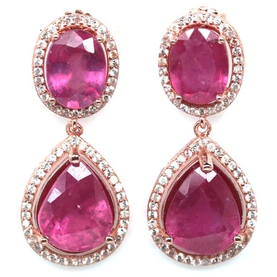 Thai Handgefertigt 9 x 11 Mm. Pink Rubin & Weiß Zirkonia Ohrringe - Bild 1 von 4