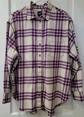Gap Long Sleeve Flannel Oversized Button Shirt Women's sz L in Purple & Cream - Image 1 of 4