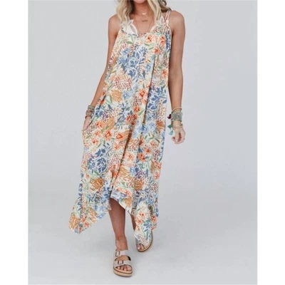 Three Bird Nest Ellie Ruffle Midi Dress Floral Print Large Pockets NWT - Image 1 of 4