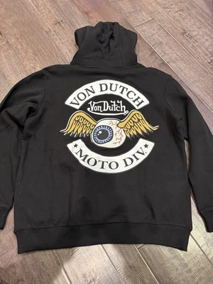 全新带标签 Von 荷兰黑色连帽衫标志 Moto Div 眼球大号男女通用 — 第 1/4 张图片