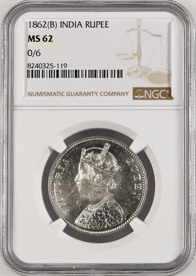 INDIA BRITÁNICA 1862 (B) VICTORIA REINA 0/6 PUNTO UNA RUPIA NGC CALIFICADO COMO MS 62 RARO Foto 1 de 2