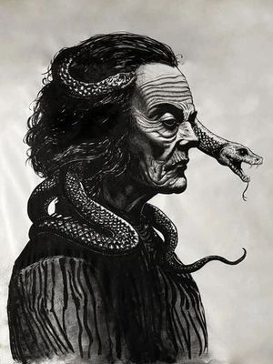 Original Pen and Ink Drawing of Lady and her Snakes - Image 1 of 3