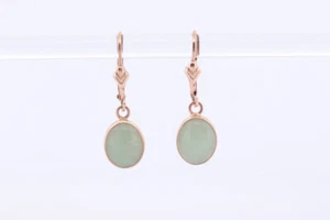 14k Green Jade dangle earrings. Oval Bezel set Jade earrings. st(78) - Picture 1 of 5