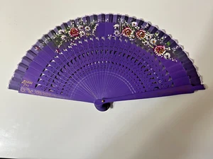 Purple Fan Hand Painted Wood Asian or Spanish Merida Tuc on it - Picture 1 of 3