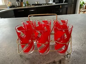 Vintage set of 6 red swirls mid-century modern with gold caddie - Picture 1 of 7