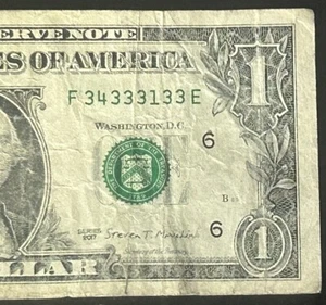 (6 OF A KIND!) 1 $ 6 Of A Kind 3s Fancy Seriennummer F34333133E Serie 2017 - Bild 1 von 4