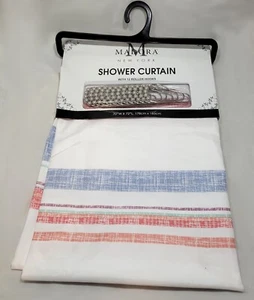 Madora New York Shower Curtain 12 Hooks Blue Red Stripe Rustic 72" L x 70" W - Picture 1 of 2