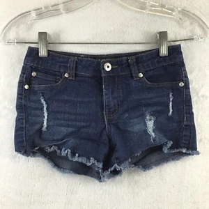 DKNY / Cut-Off Destroyed Fringe Stretch Dark Denim Jean Shorts / Girls Size 8 - Picture 1 of 9