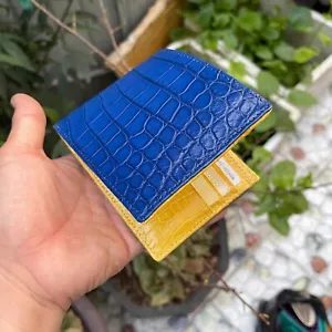 Cartera de cuero plegable real azul/amarillo para hombre de gran capacidad bloqueo RFID - Imagen 1 de 10
