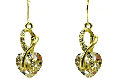 Clear crystal heart earrings in an aurora borealis finish gold wrap front New - Image 1 of 4