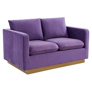Nervo Mid-Century Upholstered Velvet 2 Seater Loveseat Accent Sofa w/ Gold Frame - Picture 1 of 43