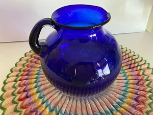 Vintage Hand Blown Cobalt Blue Glass Pitcher With Small Gold Flakes 7 3/4" Tall - Picture 1 of 9