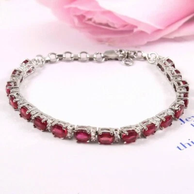 Natural Ruby Oval Cut Gemstone 925 Sterling Silver Tennis Bracelet Gift For Her - Image 1 of 4
