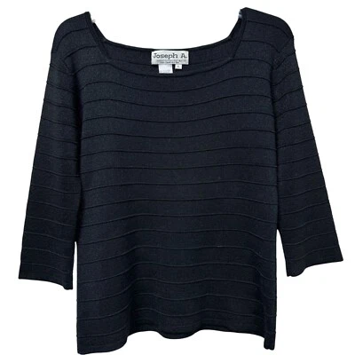 Joseph A. Black Silk Blend Metallic Textured Striped 3/4 Sleeve Sweater Top XL - Image 1 of 4