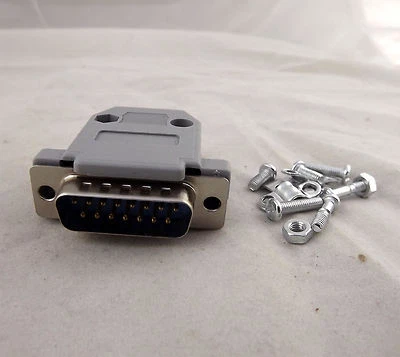 DB15 Male Plug 15 Pin 2 Rows D-Sub Connector Gray Plastic Hood Cover Backshell - Image 1 of 4