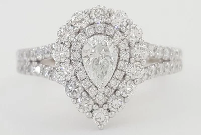 Pear Diamond Double Halo Engagement Ring 1.5 ct 14K White Gold Retail $6K - Image 1 of 4