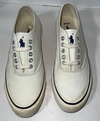 Vtg Classic Preppy Polo Ralph Lauren White Canvas  Sneakers Nonslip Soles 8.5B - Image 1 of 4