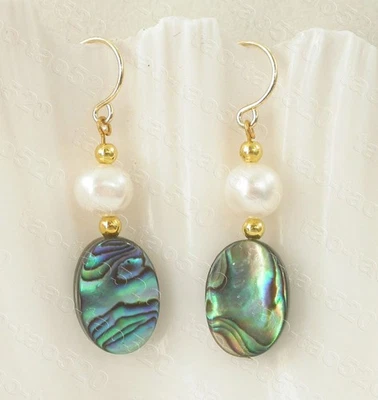 natural 10X14mm Dangle oval Multi-color Abalone shell white pearl Earrings 14K - Image 1 of 3