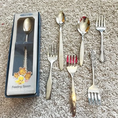 Vintage Baby Toddler Spoon & Fork Disney Oneida Leonard Stainless LOT of 7 - Image 1 of 4
