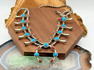 EDE 签名纯银绿松石珊瑚壁花项链和耳环-TB258.25 — 第 1/4 张图片