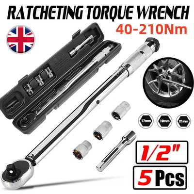 Ratcheting Torque Wrench 1/2" Square Drive 40-210Nm with Extension Bar & Sockets