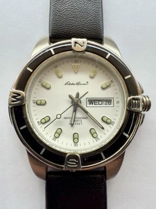 Eddie Bauer Watch Day Date Quartz White Dial New Black Leather Strap and Battery - Picture 1 of 3