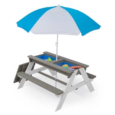 Mesa de picnic de madera al aire libre 3 en 1 para niños con sombrilla, arena y agua, gris ASTM Foto 1 de 4