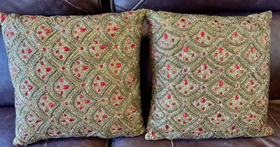 Vintage Pier 1 Beaded Accent Pillows Set of 2 Red Gem Gold Bead 13x13”  - Image 1 of 4