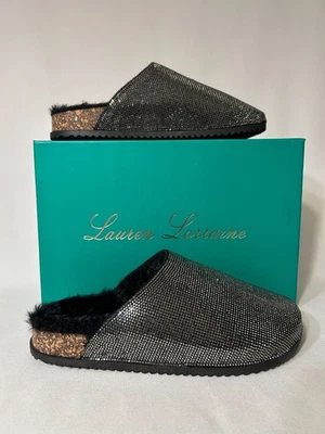 Lauren Lorraine Lizzy Womens 6 Black Pewter Rhinestone Clog Mule Faux Fur Cork - Image 1 of 4