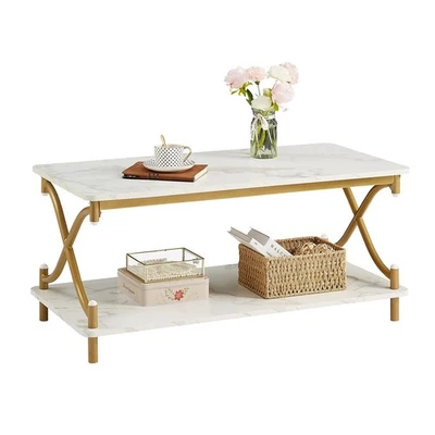 White and Gold Coffee Table with Storage and Open Shelves for Living Dining R... - Image 1 of 4