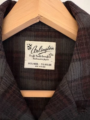 Camisa de tabla a cuadros de lana Arlington vintage años 50 60 cuello lazo L 16-16,5 Foto 1 de 4