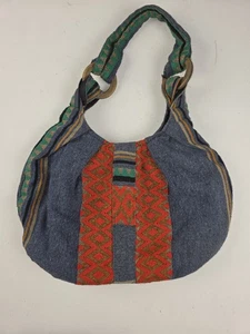 Vintage 70s Knapp Sacs California Round Knit Wood Handle Bag Purse Boho Aztec - Picture 1 of 14