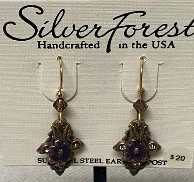 New Silver Forest Earrings Purple Floral Bronze Silver Filigree Surgical Steel - Image 1 of 4