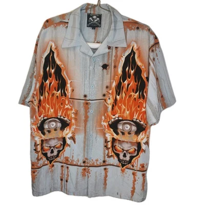 Camisa Club Rock House Road Calavera Llamas Hombres Lg Motociclista Botón Libélula Gris AOP  Foto 1 de 4